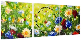 Obraz dzikich kwiatów (z zegarem) (90x30 cm)