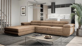 Emporius Sorlo Twin narożnik z regulowanymi zagłówkami - narożnik z pojemnikiem - funkcja spania, sofa 280 cm, lewostronny, tkanina aksamitna, brązowy (Monolith 09)