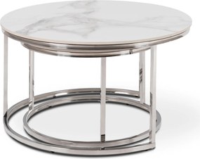Zestaw Stolików Kawowych AMARA MAX 60 cm/80 cm Biały Marmur/Srebrny Glamour