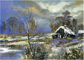 Obraz na szkle chaty w zimowym krajobrazie, obraz olejny (70x50 cm)