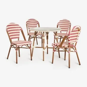 Zestaw Stół Okrągły Ø80 Cm Brielle Bistro I 4 Sztaplowane Krzesła Ogrodowe Z Technorattanu I Aluminium Solange Bistro Kremowa - Ruby Red - Sklum