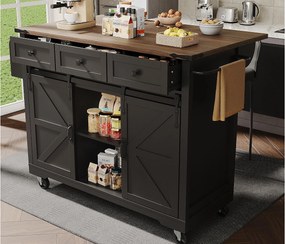 Mobilna wyspa kuchenna - blat rozsuwany - z 3 szufladami i 2 drzwiami przesuwnymi - z wieszakiem na ręczniki - MDF - czarny + naturalny
