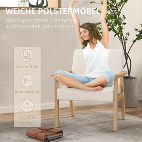 HOMCOM Fotel tapicerowany z podłokietnikami, krzesło do jadalni w wyglądzie lnu, rama z litego drewna, 64 x 70 x 72 cm, kremowy