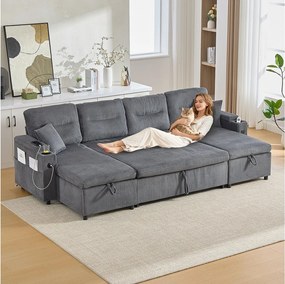 Sofa 4-osobowa z szezlongami ze schowkiem - 272 x 136 x 86 cm - z uchwytami na kubki + port USB + wysuwane łóżko - aksamit - szary