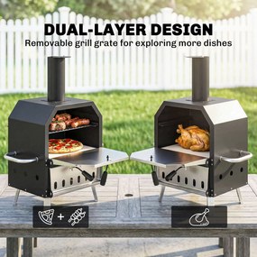 Outsunny Zewnętrzny Piec do Pizzy Opalany Drewnem Stal Nierdzewna 2 Poziomy z Kamieniem do Pizzy 1 cm, Składane Nóżki | Aosom PL