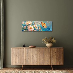 Obraz - Motyl i kwiaty, obraz olejny II. (z zegarem) (90x30 cm)