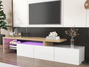 Meble TV 200 cm - 3 drzwi i 2 przegrody szklane - styl nowoczesny - Biały i Naturalny