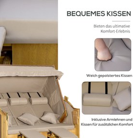 Outsunny Leżak plażowy dla 3 osób z daszkiem, 2 składanymi stolikami, podnóżkiem, chaise longue, 5-stopniowym oparciem, XXL, Polyrattan, naturalny, 150 x 79 x 160 cm