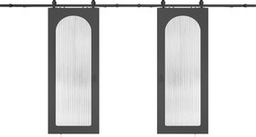 Podwójne drzwi przesuwne naścienne z drewna i MDF - czarny łuk i szkło hartowane ryflowane - 2 x W205 x S83 cm - ODEZA