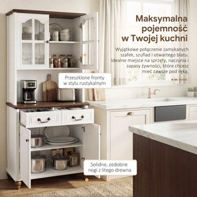 HOMCOM Szafka kuchenna z 2 szufladami, wysoki szafką z otwartą półką, szafka z witryną i funkcją Soft-Close do salonu, kuchni, 76 x 38 x 182 cm, biały