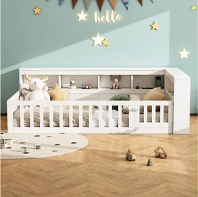 Łóżko dziecięce 90x200 cm - Wezgłowie z miejscem do przechowywania - Stelaż listwowy - z gniazdkiem i portem USB - biały