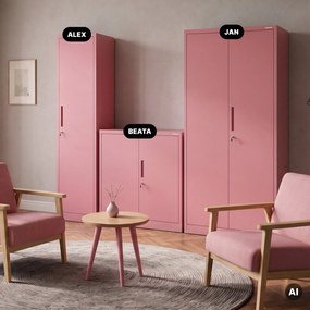 Szafa biurowa metalowa na akta, wąska, pudrowy róż, 450x1850x400 mm: ALEX Fresh Style
