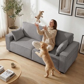 HOMCOM 218 cm 3-osobowa sofa, nowoczesna sofa w stylu sztruksowym z sprężynami kieszeniowymi, szerokimi podłokietnikami i 2 poduszkami, jasnoszara | Aosom PL