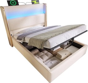 Łóżko hydrauliczne ze schowkiem i zagłówkiem + diody LED i porty USB/Type-C - 90 x 200 cm - len - beżowe (z materacem)