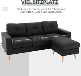 HOMCOM Narożnik L lniany styl Czarna kanapa 3-osobowa Komfortowa i stylowa Tapicerka tkaninowa 193x136x85 cm | Aosom PL
