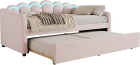 Łóżko dzienne 90x200 cm z wysuwanym łóżkiem i oświetleniem LED, różowy welur - bez materaca