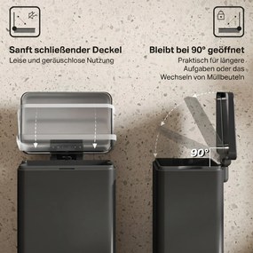 HOMCOM Kosz na śmieci 20 l z pedałem, pokrywa soft-close, wyjmowany wkład, matowa czerń, 34,2 x 30,6 x 44,2 cm | Aosom PL