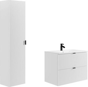 Szafka łazienkowa wisząca w paski z umywalką do zabudowy i słupek – biały matowy – 80 cm – ZEVINI