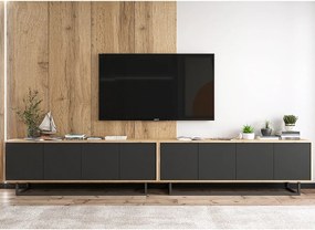 Szafka RTV z 8 drzwiami - korpus dąb wotan, fronty czarny mat - 300 cm, metalowy stelaż