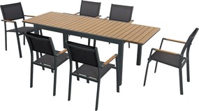 Zestaw mebli ogrodowych jadalnianych z aluminium i polywood - rozkładany stół dł. 170/230 cm i 6 sztaplowanych foteli - Naturalny jasny i antracytowy - MACILA marki MYLIA