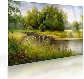 Obraz na szkle - Rzeka przy lesie, obraz olejny (70x50 cm)