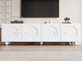 Nowoczesne meble TV 180,5x38x50cm - 4 drzwi - Kuliste nogi - MDF + płyta wiórowa - Biały