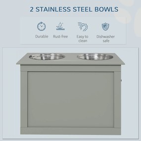 PawHut Stacja Karmienia Podwyższona z 1 Schowkiem i 2 Miskami ze Stali Nierdzewnej, 60 cm x 30 cm x 41 cm, Szary