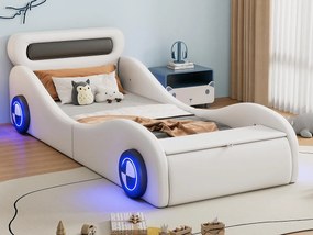 Łóżko dziecięce 90x200cm - tapicerowane łóżko w kształcie samochodu z podświetlanymi kołami - Białe