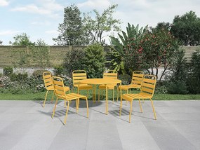 Metalowy zestaw jadalniany ogrodowy - okrągły stół śr.130cm i 6 składanych krzeseł - Musztardowy żółty - MIRMANDE od MYLIA