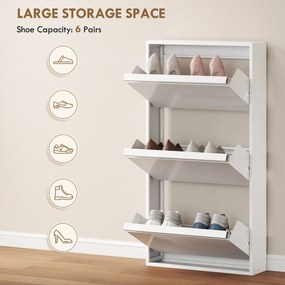 HOMCOM Metalowa szafka na buty z 3 uchylnymi półkami, wąska szafka na buty montowana na ścianie, na 6 par butów, biała | Aosom PL