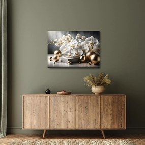 Obraz na szkle - Orchidea i złote kule (70x50 cm)