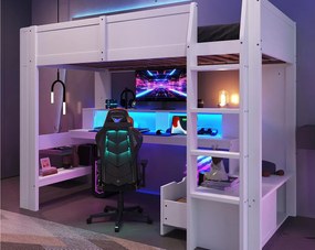Łóżko piętrowe 90×200 cm - z biurkiem - z oświetleniem LED - z 1 szufladą - z półką - białe (bez materaca)