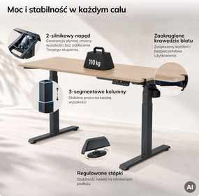 Biurko elektryczne z regulacją wysokości ergonomiczne antracytowe/dąb sonoma,1400x700 mm: ARIA