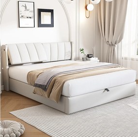Łóżko tapicerowane ze schowkiem - 140 x 190 cm - z portem USB + diody LED + regulowany zagłówek - tkanina PU - białe