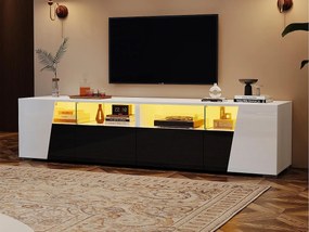 Meble pod TV 180x38,5x45 cm - z oświetleniem LED - 2 szuflady i 2 fronty - Otwarte półki - Błyszczące wykończenie - Biały + czarny