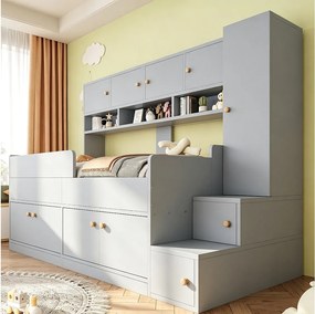 Łóżko dziecięce drewniane 90 x 200 cm - z przestrzenią do przechowywania - z oświetleniem LED - z barierkami bezpieczeństwa - szary (materac nie wliczony)