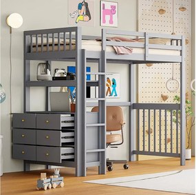 Łóżko piętrowe dla dzieci - 90 x 200 cm - 6 szuflad i biurko - sosna + metal + sklejka + MDF - Szare