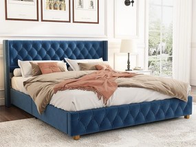 Łóżko z tapicerowanym wezgłowiem - 160 x 200 cm - aksamit - stelaż listwowy - kolor niebieski