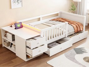 Łóżko dziecięce 90 x 200 cm - z gniazdkiem elektrycznym - z oświetleniem LED - z 4 szufladami - białe (materac nie w zestawie)