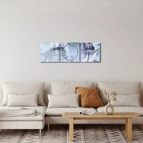 Obraz - Kwiatowy fresk na ceglanej ścianie (z zegarem) (90x30 cm)
