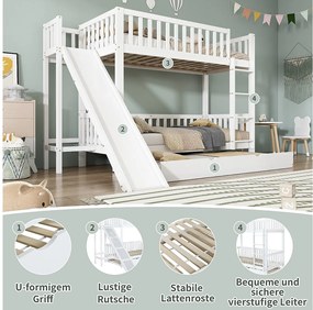 Łóżko piętrowe dla dzieci 90x200/190 cm - z łóżkiem wysuwanym - ze zjeżdżalnią i prostą drabiną 4 stopnie - drewno lite + MDF - białe (bez materaca)