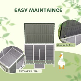 PawHut Domek dla kaczek odporny na warunki atmosferyczne z drewna z wyjmowanym spodem, przesuwanymi oknami, otwieranym dachem asfaltowym, 93x70x72cm, szary | Aosom PL