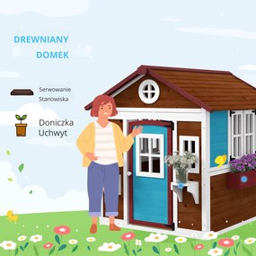 Outsunny Domek zabaw dla dzieci, Drewniany domek ogrodowy z oknami, doniczkami, na zewnątrz, 3-8 lat, Niebieski