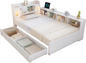 Łóżko dziecięce 90 x 200 cm – z zagłówkiem i schowkiem, 2 szufladami – białe – materac nie jest wliczony w cenę