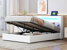 Łóżko z tapicerowanym zagłówkiem z ekoskóry 140x200cm z LED, odtwarzaczem Bluetooth i portami USB - z stelażem na listwach - Białe