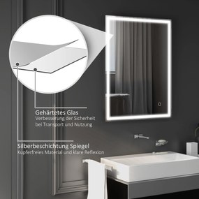 HOMCOM Lustro łazienkowe z oświetleniem 90x70 cm, LED, Wandspiegel z funkcją pamięci, 3 kolory światła, Srebrne