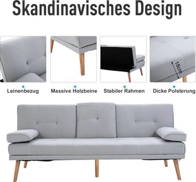 HOMCOM Sofa Rozkładana na 3 Osoby Kanapa do Spania Len Jasnoszara 181x77x72cm | Aosom PL