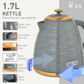HOMCOM Zestaw 2 w 1: Toster i Czajnik, 7 Stopni Zrumienienia, Funkcje Rozmrażania i Podgrzewania, Szary
