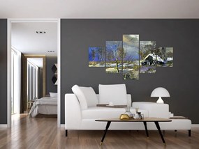 Obraz chaty w zimowym krajobrazie, obraz olejny (125x70 cm)