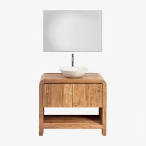 Zestaw Mebli Łazienkowych Z Drewna Vacry Akacja Brąz & Cement Okrągły Biały Ø40 Cm Zavion & Prostokątna Lampa Led I Przeciwmgielna 100x70 Cm Riben & S